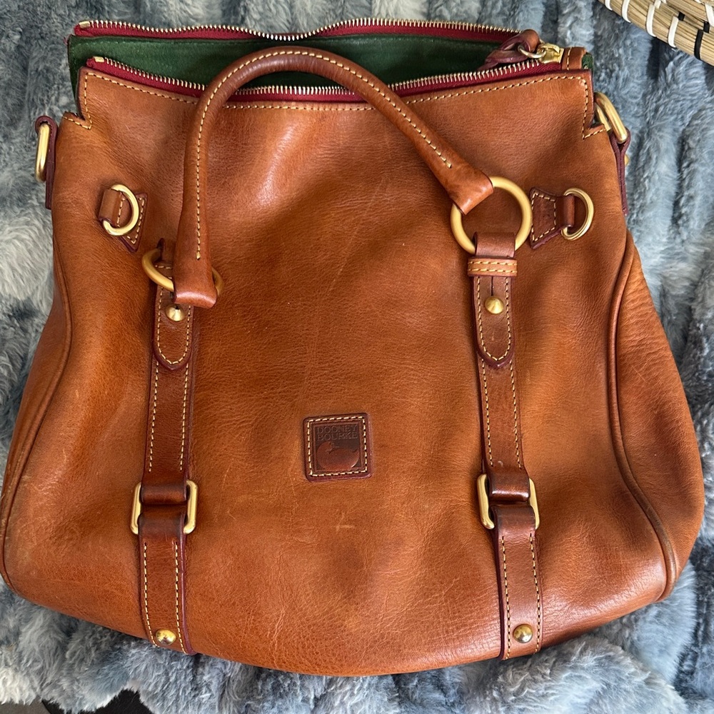 Dooney & Bourke Cognac Leather Shoulder Bag with Green Interior